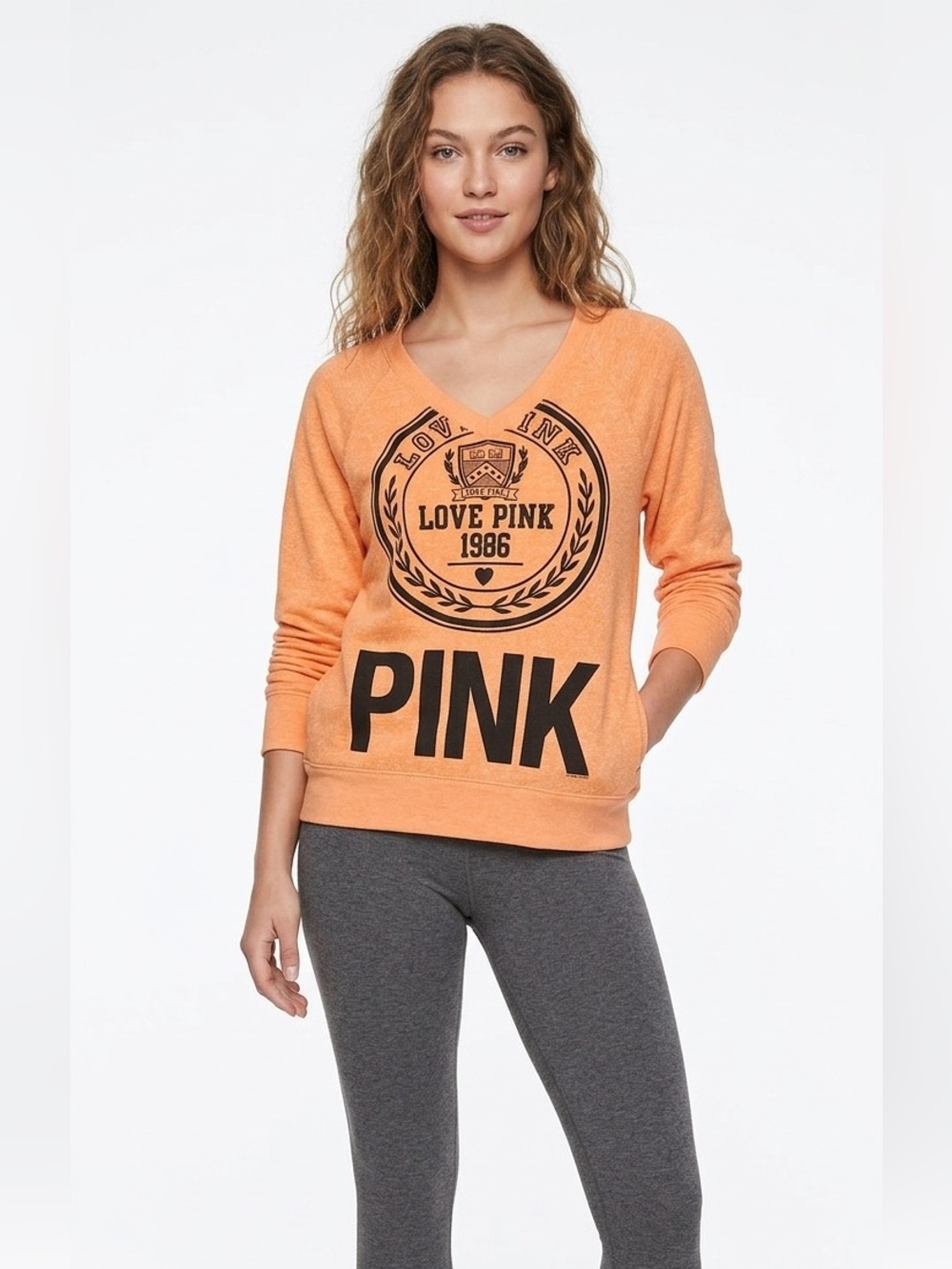 Victoria's Secret PINK "Love Pink 1986" Orange V-Neck Sweatshirt Size Medium